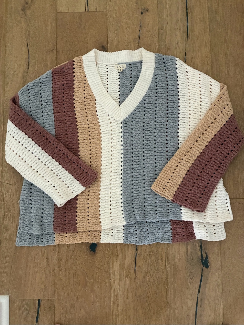 POL Oversized Striped Crochet V-Neck Sweater in White, Gray, Brown, & Tan